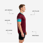 Close detail of teal to maroon gradient sleeve on custom sublimated soccer training jersey