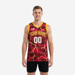 Custom maroon and yellow basketball jersey with glowing camo lava sublimation print, gold V-neck and armhole binding, team name and number on front