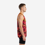 Front view of custom maroon and yellow basketball jersey showing arced team name in gold and white front number 00 on camo lava pattern