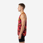 Left side view of maroon and yellow sublimated camo basketball jersey showing straight hem, side vent, and gold armhole binding