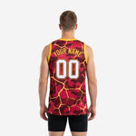 Right side view of maroon camo lava basketball jersey with yellow crack pattern extending across full side panel