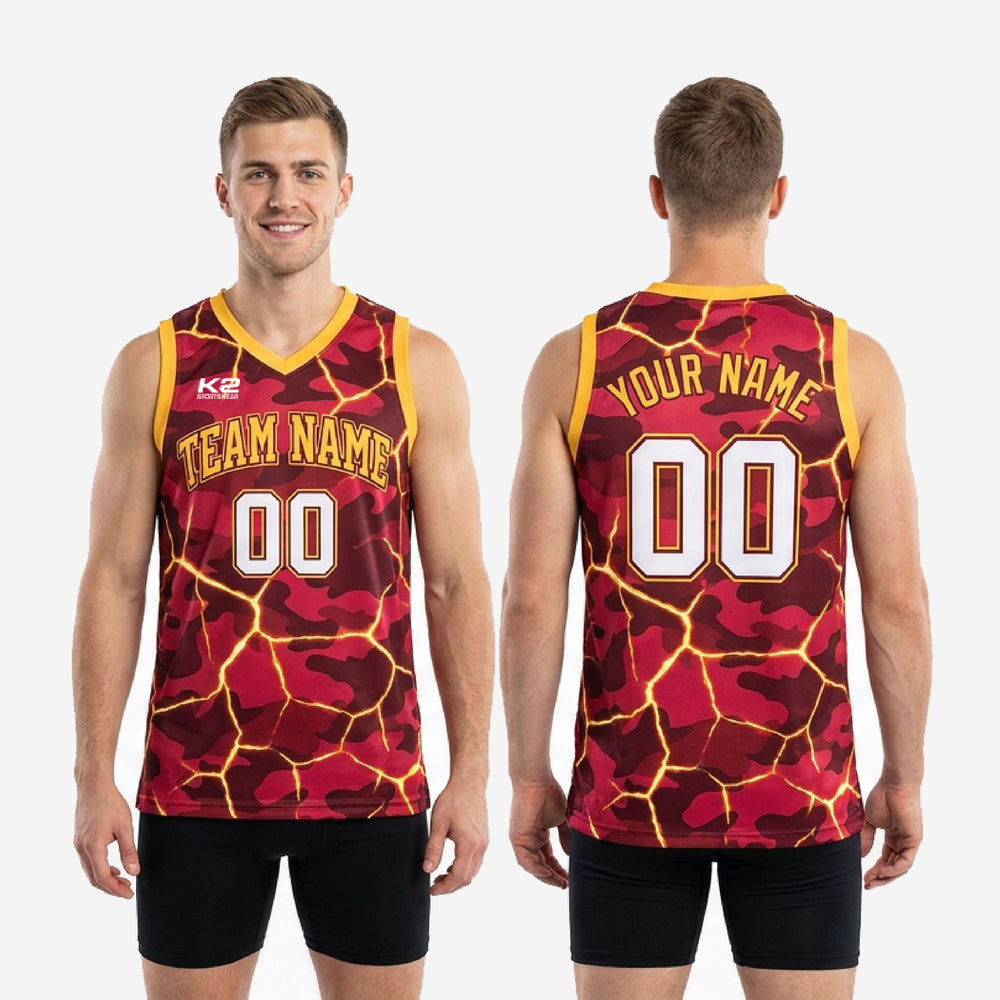 Custom Maroon and Yellow Basketball Jersey - Camo Lava Print
