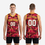 Size chart for custom maroon and yellow basketball jersey showing youth and adult sizing across the full roster size run