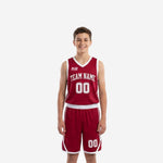 Custom maroon youth basketball uniforms with white V-neck binding, arched team name, front number 00, and matching maroon shorts with white waistband