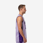 Lavender custom mens basketball jersey with deep purple side panels, V-neck double-stripe binding, arced team name and number 23 on front