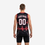 Back view of custom red and black basketball jerseys showing back player name and number placement on black sublimated fabric with red trim