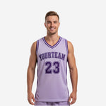 Custom mens basketball jerseys in lavender body and deep purple side panels with arced team name and front number 23, front and back view