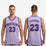 Size and specification chart for custom mens basketball jerseys in lavender and deep purple, showing youth and adult size run