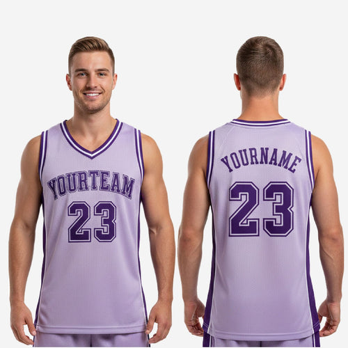 Size and specification chart for custom mens basketball jerseys in lavender and deep purple, showing youth and adult size run