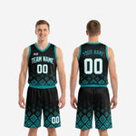Size and specification sheet for custom men's basketball uniform sets in black and teal, youth and adult sizing available