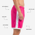 Custom pink soccer shorts hem band detail in white on hot pink polyester fabric