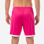Hot pink mens soccer shorts with white panel detail and straight white hem band, close side view