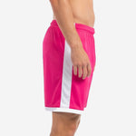 Custom mens pink soccer shorts showing full-length white side panel on left leg, side view
