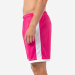 Custom mens pink soccer shorts hot pink body with white contrast side panel, right side view