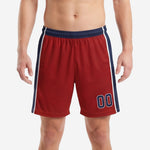 Custom mens red and navy blue soccer shorts matchday kit front view with elastic drawcord waistband