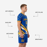 Matching Royal Blue sublimated soccer shorts with Athletic Gold slash graphic and player number on leg, detail view