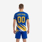 Men's soccer uniform set in Royal Blue featuring full-dye sublimated star pattern and Athletic Gold diagonal slash marks, front detail