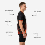Orange V-neck collar trim and sleeve cuff contrast detail on custom mens black soccer practice jersey