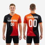 Full body view of custom mens soccer practice jersey in black, orange, and dark red sublimation print, athletic cut short sleeve