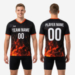 Custom mens soccer practice jersey with team name and player number printed in white on black and orange design