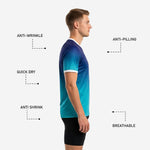 Back view of custom mens soccer practice jersey in Royal Blue to Teal gradient with player name and number print zones
