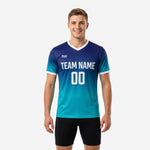 Custom mens soccer practice jersey in Royal Blue to Teal gradient with white V-neck trim and team name print on chest