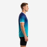 Side view of custom mens soccer practice jersey showing Royal Blue to Teal gradient running from shoulder to hem
