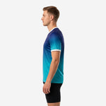 Right side view of custom mens soccer practice jersey in Royal Blue and Teal gradient with white sleeve cuff band