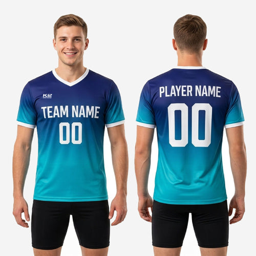 Full body view of custom mens soccer practice jersey in Royal Blue and Teal gradient matchday colorway