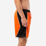 Left side view of custom mens soccer shorts showing curved black side panel and orange front panel with white trim line
