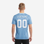 Back detail of custom men's soccer team jersey showing player surname and number sublimated in white on powder blue