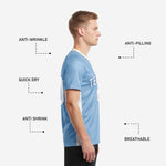 V-neck collar detail of custom men's soccer team jersey with gold and white contrast trim on powder blue fabric