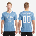 Full squad custom men's soccer team jerseys in powder blue and white with sublimated team name and numbers