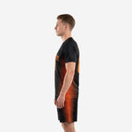 Custom black and orange men's soccer uniform with full-dye sublimation stripe design, right side view showing crew neckline and athletic cut sleeve