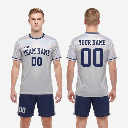 Custom men's soccer team uniforms Silver-Grey jersey back view with player name and number in Navy Blue