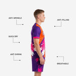 Matching royal purple sublimated soccer shorts with hot pink and white splash detail from men's soccer team uniform set