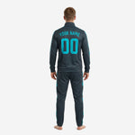 Back view of custom mens soccer tracksuit in Charcoal and Teal showing player name and number print zones