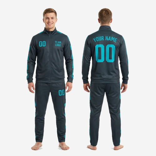 Detailed side view of Charcoal and Teal custom mens soccer tracksuit showing checker stripe continuity across jacket sleeve and matching pants seam