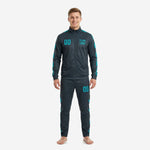 Custom mens soccer tracksuit in Charcoal and Teal with checker side stripe, full front view showing team logo and player number on jacket and pants