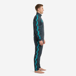 Side view of custom mens soccer tracksuit in Charcoal and Teal showing full-length checker panel stripe running from shoulder to ankle