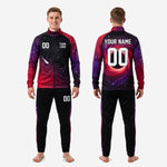 Full 2-piece custom mens soccer training jacket and pants set in Crimson Royal Purple Jet Black galaxy print with team logo and number customization zones visible
