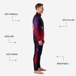 Detail view of custom soccer tracksuit pants in Jet Black with Crimson and Royal Purple galaxy side panel stripe and sublimated thigh number zone