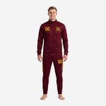Custom mens soccer tracksuit in maroon with Athletic Gold chest number and team logo sublimated on full-zip jacket and tapered pants
