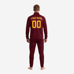 Back view of custom mens soccer tracksuit in maroon and Athletic Gold showing sublimated name and number print zones