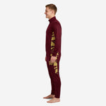 Side view of custom mens soccer tracksuit showing Athletic Gold splash panel graphic running down maroon jacket and pants