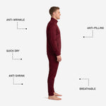 Close-up of custom mens soccer tracksuit maroon full-zip jacket with stand collar and ribbed cuffs