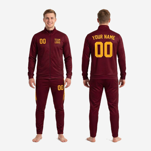 Detail of custom mens soccer tracksuit tapered maroon training pants with Athletic Gold side panel and ribbed ankle cuff