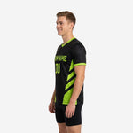 Back detail of custom mens soccer training jersey with neon green player name and number 00 sublimated print