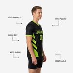 Close side panel detail of custom mens soccer practice jersey in black and neon green with slash-stripe sublimation