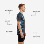 Custom mens soccer training jersey teal contrast V-neck collar and fuchsia sleeve cuff band detail close up